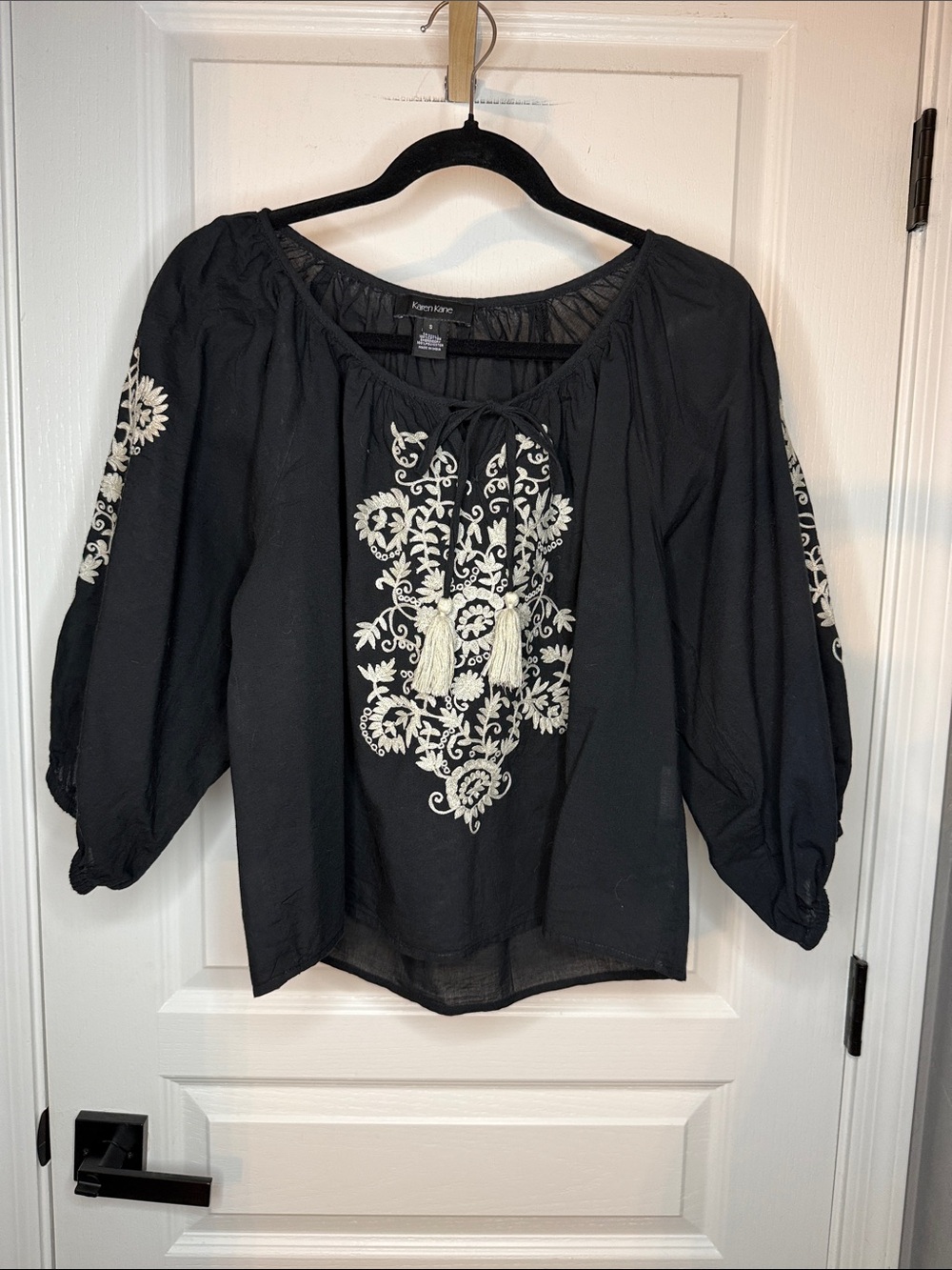 Karen Kane Black Blouse with Cream Embroidery and Tassel Tie - Picture 4 of 7